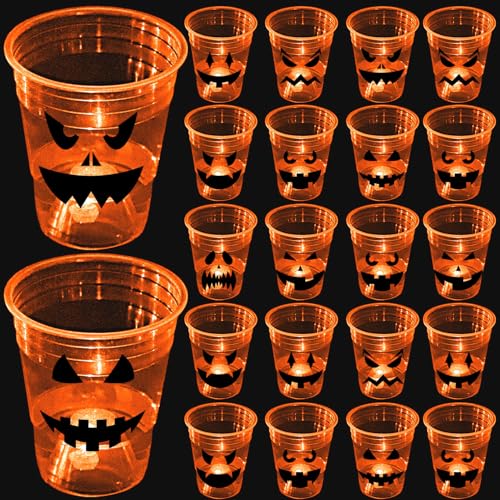 Halloween Glow Pumpkin Party Cups - 40 Pack 16oz Reusable Orange Plastic Cups with LED Lights