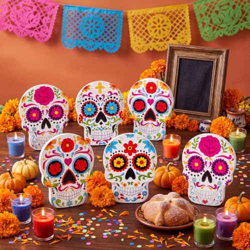 6 Pcs Day of The Dead Sugar Skull Table Decorations - Wooden, Modern, Vibrant