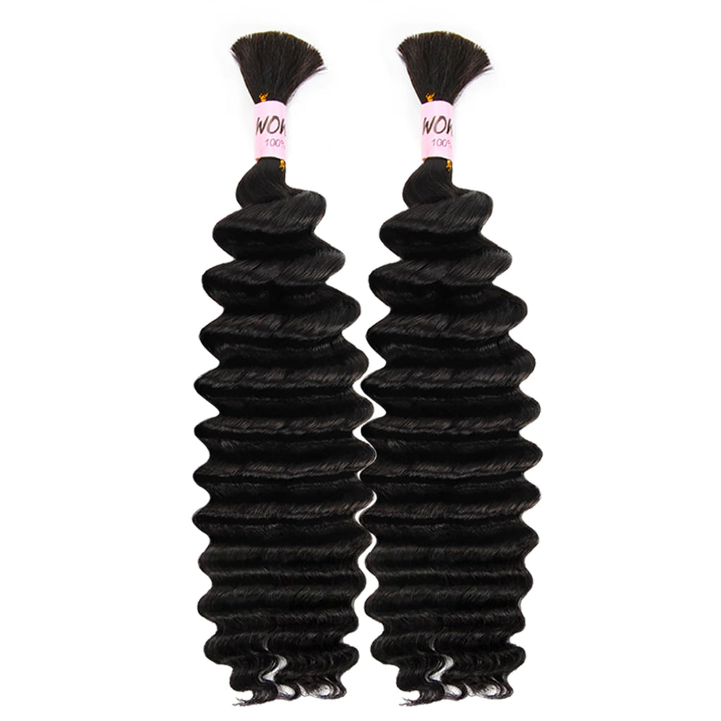WOWANGEL Human Braiding Hair For Boho Braids 100g,100% Unprocessed Brazilian Virgin Hair, 12A Deep Wave Knotless Bohemian Bundles, Curly Hair Extensions,2 Bundles,Natural Black(1B),16 Inch