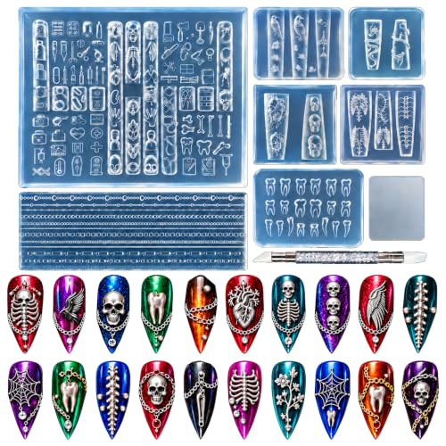 3D Halloween Nail Charms Mold Set - Teeth Skull Bones Chains Dragons