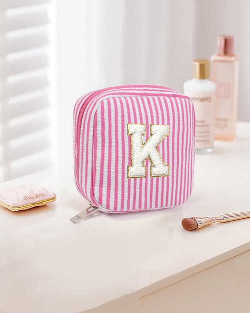 Easter Basket Gifts for Kids Teen Girls- Personalized Initial Cute Pink Cosmetic Makeup Bag Pouch Make Up Bags Travel Toiletry Bag for Her Mom Girlfriend Wife Teacher 18th Birthday Gifts for Girls