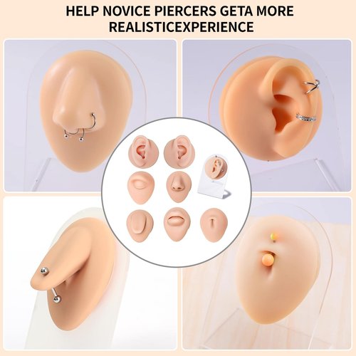 Piercing Kit Silicone Model Body Part Displays Set, 8pcs Soft Body Piercing Practice Model Kit with Display Holder,Soft Fake Tongue Mouth Nose Eye Navel Ear 5D Model Training Tool Kit for Piericng