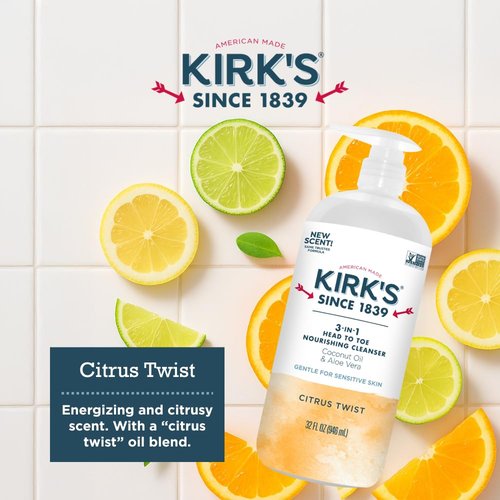 Kirk's 3-in-1 Head to Toe Nourishing Liquid Cleanser- for Men, Women & Children - Premium Coconut Oil & Aloe Vera- Non GMO & Vegan - Citrus Twist - 32 Fl Oz.