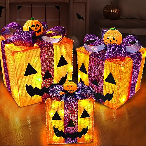 Lighted Halloween Pumpkin Decorations Gift Box 3 Pack with 8 Modes & Timer