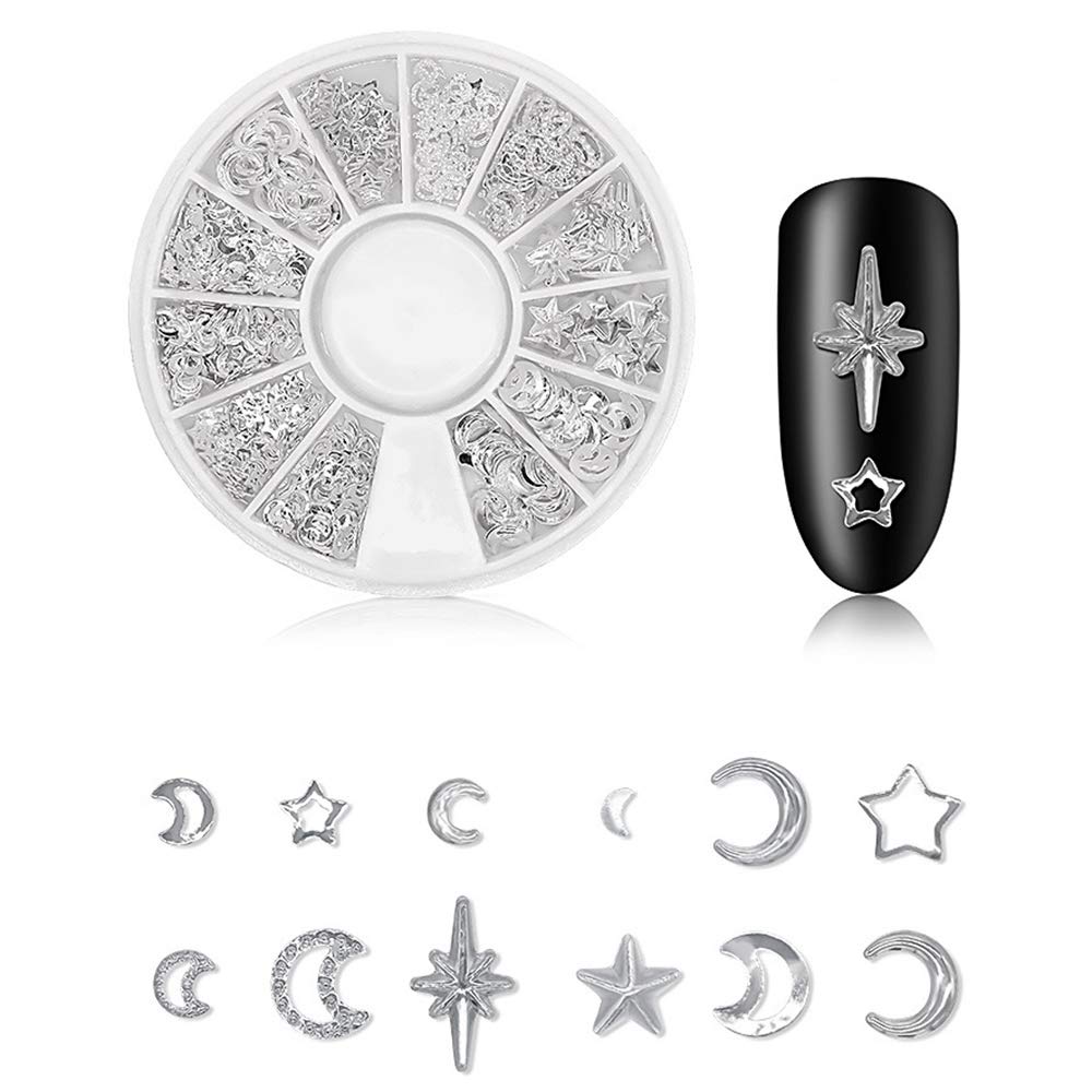WOKOTO 6 Boxes Silver Hollow Nail Art Studs Set Nail Charm 3D Flower Diamond Manicure Rivet Kit Nail Jewelry Decorations With 1Pc Tweezers And Picker Pencil