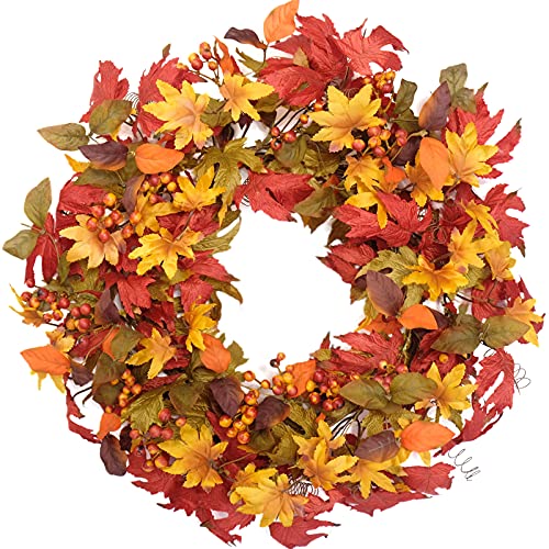 20-Inch Fall Wreath for Front Door - Autumn Maple Leaves Decor for Thanksgiving & Halloween