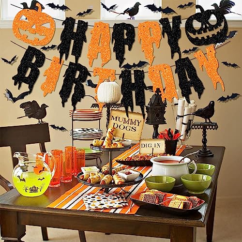 Halloween Birthday Party Decorations - Glitter Happy Birthday Banner with Pumpkins & Bat Wall Decor - Variation: Happy Birthday