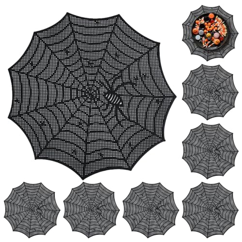 Spider Web Halloween Placemats Set of 8 - Black Round Table Mats, Heat-Resistant