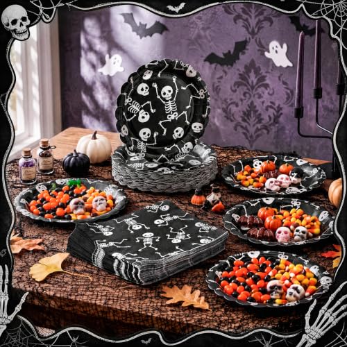 Halloween Skeleton Plates and Napkins Set - Black for 48 Guests