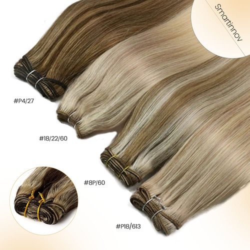 Smartinnov Ombre Blonde Hand Tied Weft Hair Extensions Brown with Blonde Highlights Human Hair Sew in Hair Extensions Silky Straight Double Weft 4/613 Blonde Balayage Bundles for Sew in 12 Inch 80G