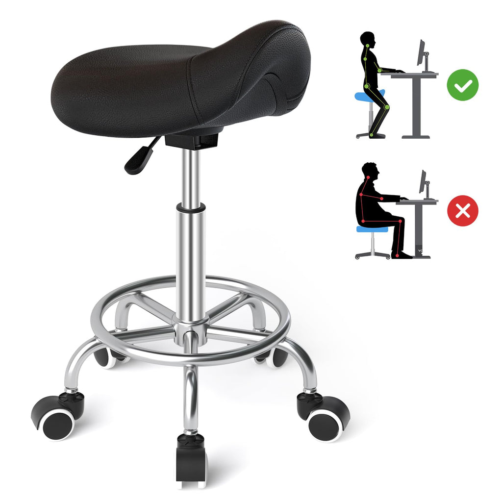 YEEZEE Saddle Stool Ergonomic- Comfortable Rolling Saddle Stool with Wide Thick Saddle Seat Padding, Swivel Adjustable Saddle Chair with Wheels and Ring Pedal for Medical Massage Salon (Dark Black)