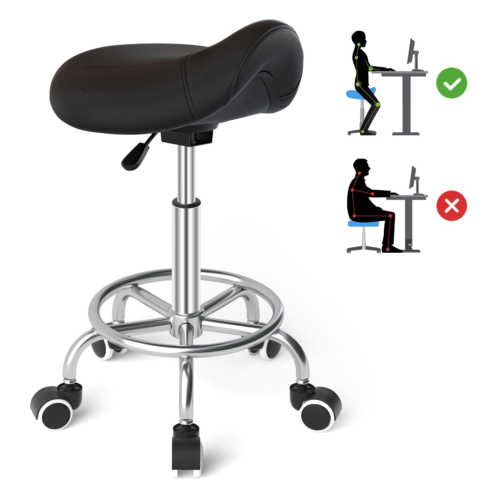 YEEZEE Saddle Stool Ergonomic- Comfortable Rolling Saddle Stool with Wide Thick Saddle Seat Padding, Swivel Adjustable Saddle Chair with Wheels and Ring Pedal for Medical Massage Salon (Dark Black)