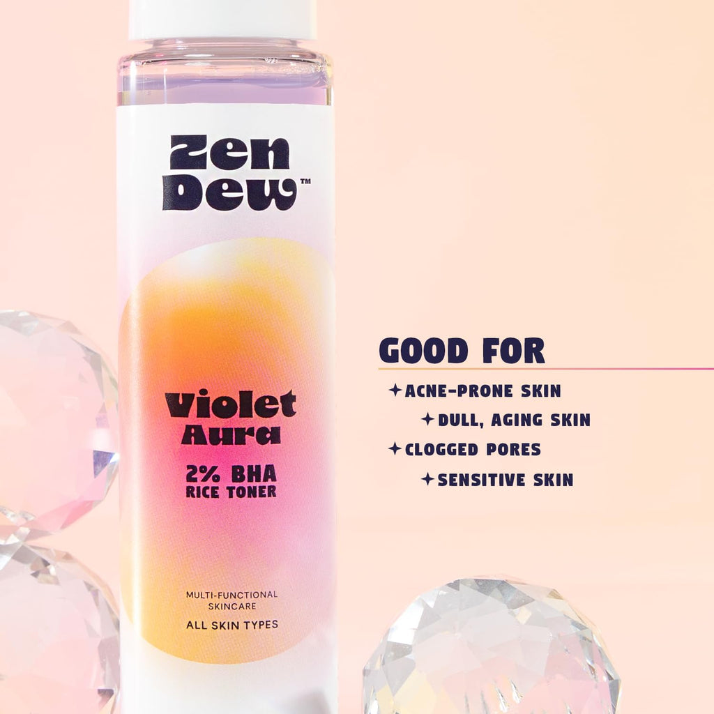 Zen Dew Violet Aura - 2% BHA Exfoliating Toner with Salicylic Acid for Sensitive Skin. Gentle, Hydrating Formula. 2% Niacinamide, Rice Extract & Azulene. Glass Skin, Smoother Texture & Barrier Support