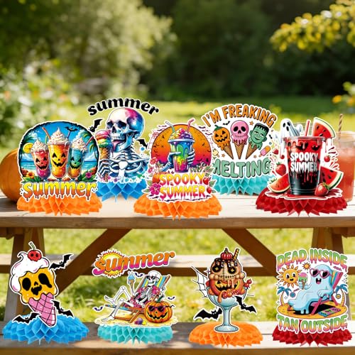 Summer Halloween Ghost & Beach Honeycomb Centerpieces - 9 Pack