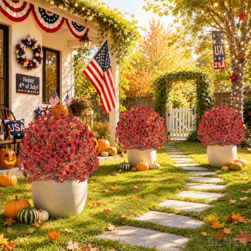 Artificial Fall Mum Topiary Ball Tree with Ground Spike - Dark Red, 14-Inch