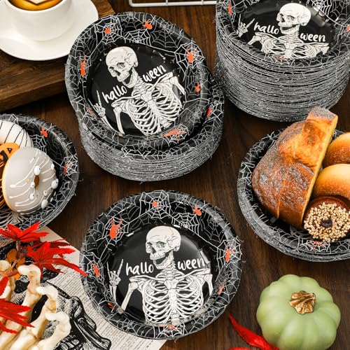 Halloween Skeleton Paper Bowls - Black White Orange Spooky Disposable Serving Set - 100Pcs