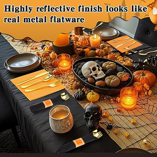 Halloween Silverware Set for 50 Guests - Black & Orange Pre-Rolled Plastic Cutlery with Napkins