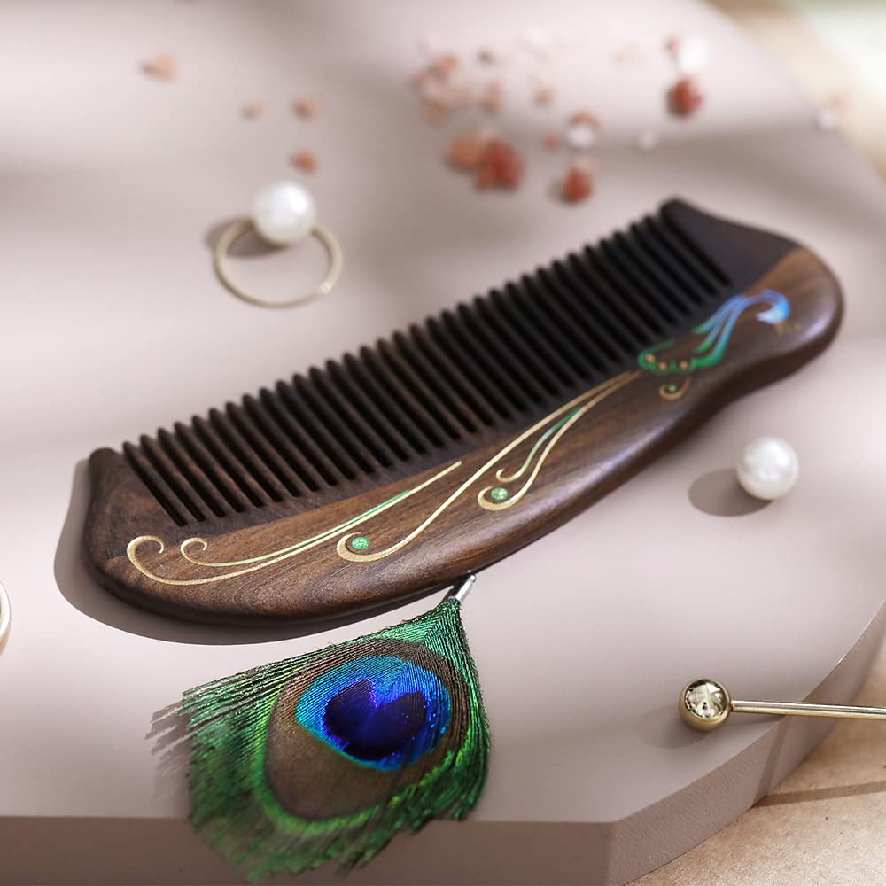 TAN MUJIANG Anti-Static Hair Comb - 5.12" Detangling Fine Tooth Wooden Comb for Women & Girls