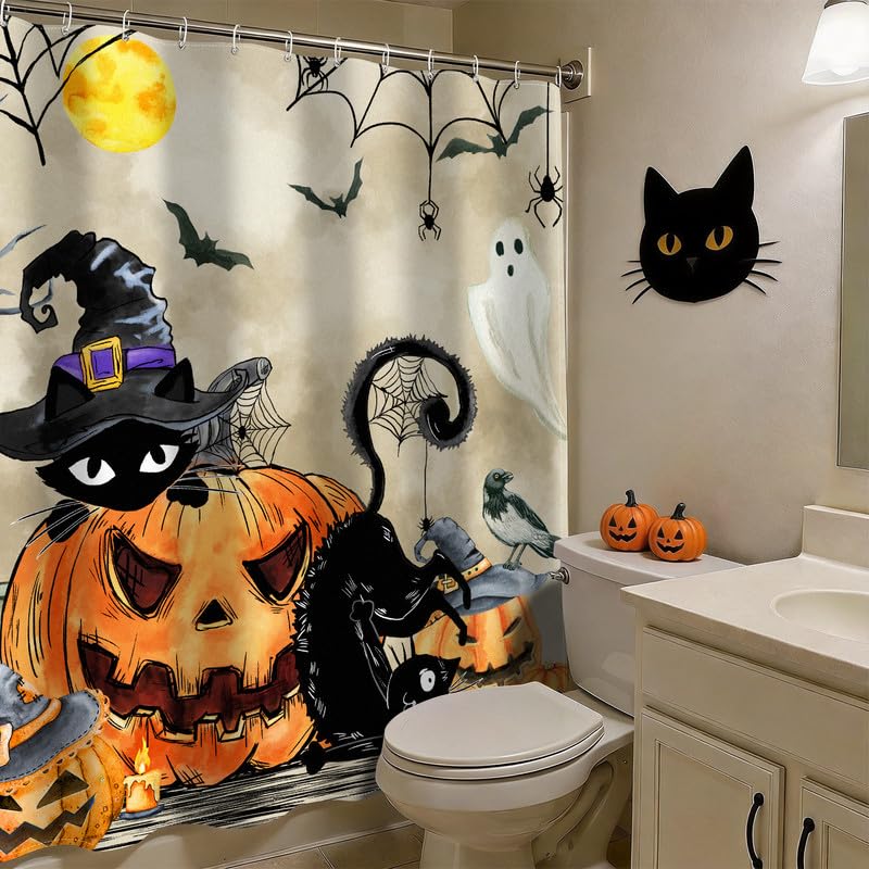 Halloween Shower Curtain Black Cat Pumpkin Waterproof Fabric Bath Decor - Black Cat Variation