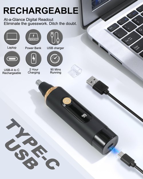 Skiennix Nose Hair Trimmer - Professional Painless IPX7 Waterproof Facial Hair Trimmer | USB Rechargeable, LED Display, Black