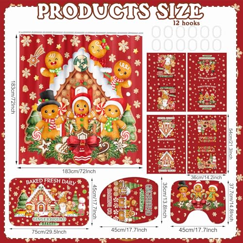 Christmas Shower Curtain Set with Hooks & Rug - Gingerbread Man Holiday Bathroom Decor