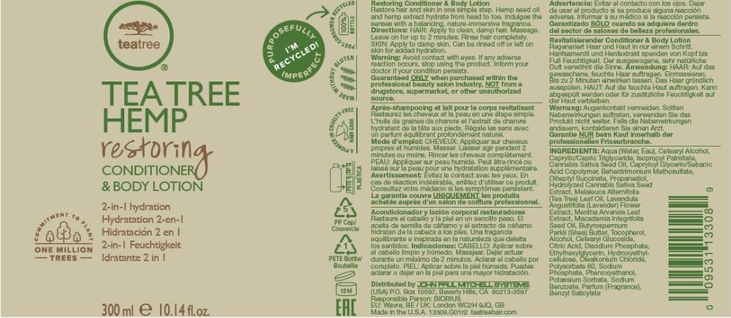 Tea Tree Hemp Conditioner & Body Lotion - 2-in-1 Hydration for All Hair Types, 8 oz