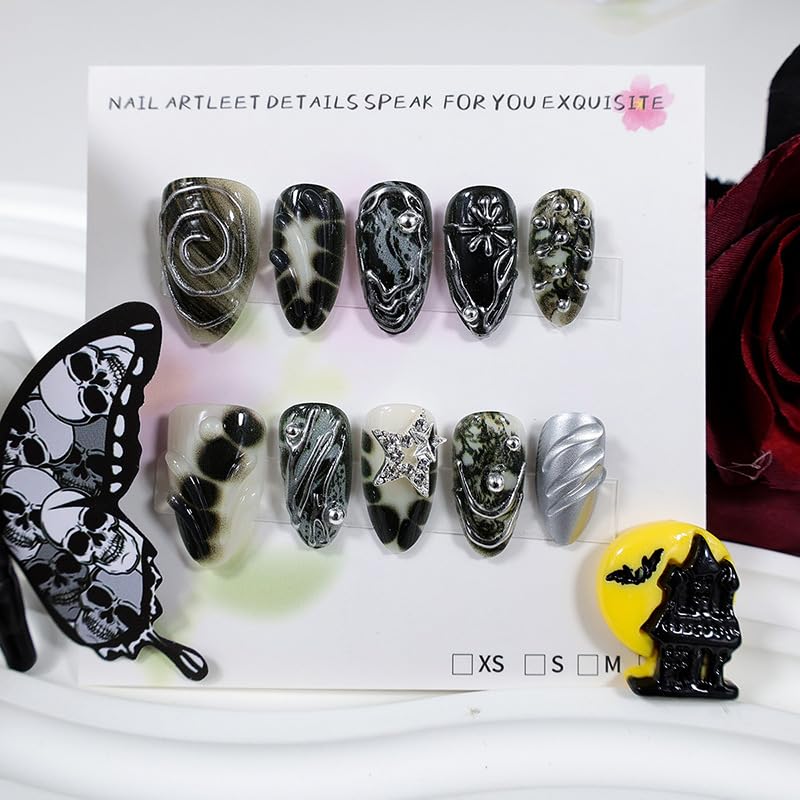 Aoustratum Halloween Goth Short Almond Press On Nails with Silver Star Rhinestones - Style04