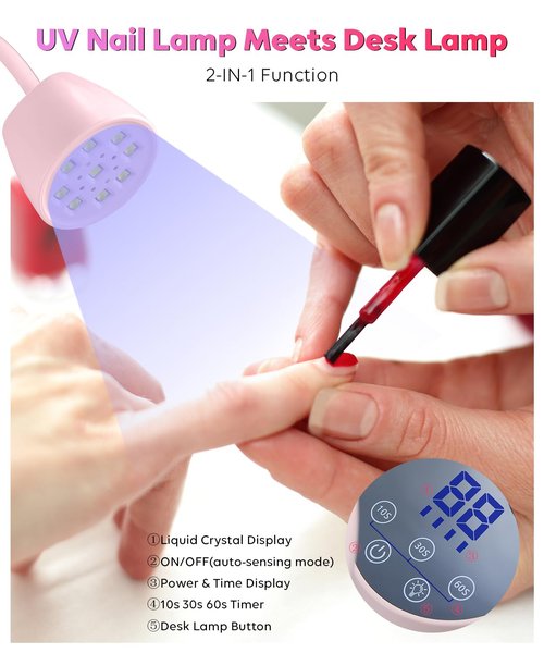 DAQVQ UV Nail Lamp, UV Light for Gel Nails Polish, Rechargeable 2 in 1 Mini Nail Light and LED Desk Lamp with 4 Timers, Auto Sensor & Fast Curing, Gooseneck Nail Light for Home DIY Salon Use