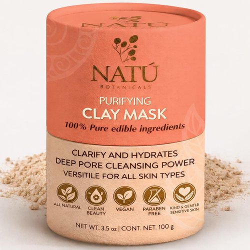 NATÚ BOTANICALS Purifying Bentonite Clay Mask – Clarifying Clay Mask for Face – Soothing & Softening Hydrating Face Mask for Oily and Combination Skin – Helps Tighten, Clarify & Refine Skin 3.5oz