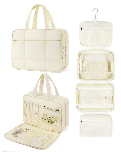 Telena Travel Toiletry Bag with Jewelry Organizer for Women, Puffy Hanging Makeup Bag Lightweight Cosmetic Bag Organizer for Travel Essentials