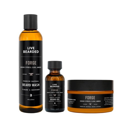 Live Bearded 3-Step Beard Grooming Kit - Wash, Oil and Butter - Made in the USA - All-Natural Ingredients with Shea, Jojoba - Growth Support | Forge Scent - Hinoki Cypress, Clove, Amber
