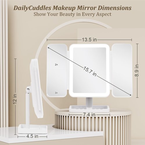 DailyCuddles Makeup Mirror Vanity Mirror with Lights, 3 Color Lighting Modes, 1X/2X/3X Magnification, Tri-fold, 360° Rotation, Phone Holder for Makeup, 2000mAh Rechargeable, Bedroom, Bathroom, (White)