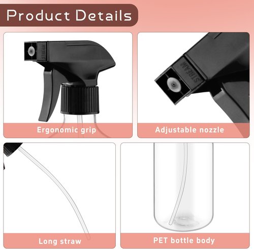 Skiennix 500ml Clear Boston Round Spray Bottles - Adjustable Nozzle for Fine Mist | Reusable Plastic Containers