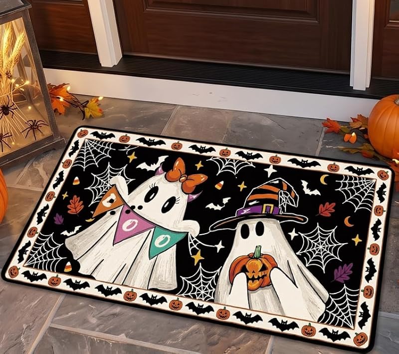 Halloween Door Mat Set of 2 - Non-Slip Cute Boo Ghost Doormats - Fall Decor