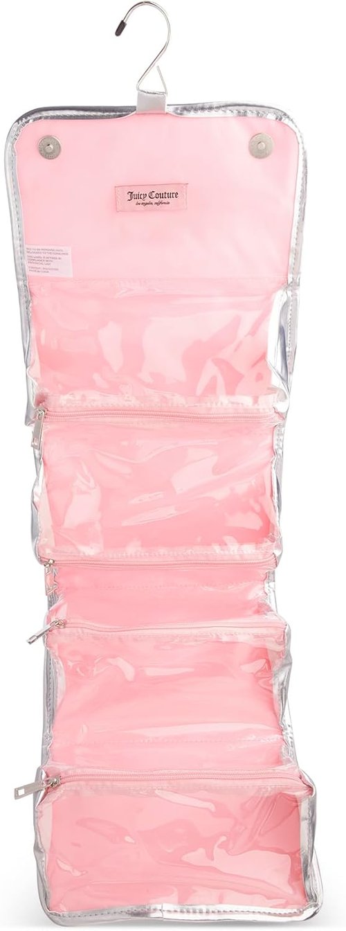 Juicy Couture Pink Makeup Bag - Travel Organizer with Hanging Hook & Rhinestone Crown Detail