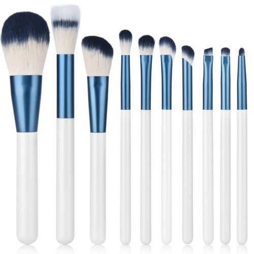 SHELWIN Makeup Brushes Set With Case 10Pcs White Makeup Brush Kit Foundation Eyeshadow Powder Blending Kabuki Eyebrow Eyelash Brushes Cosmetic Brush Travel Kit Gift (White+Blue)