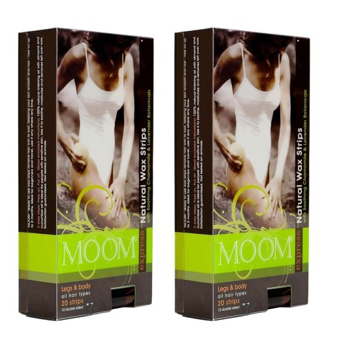 MOOM Express Ready to Use Wax Strips for Hair Removal - Body & Leg Wax Strips - Waxing Strips for women with Chamomile & Lavender and 0.27 Finishing Oil, 10 Dual Sided Strips, 2 Pack (40 Count)