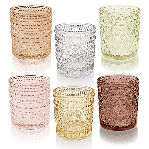Multicolor 12 pcs Glass Votive Candle Holders Set with 6 Fall Colors & 3 Patterns
