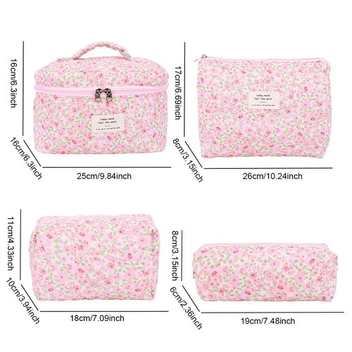 BBIQI Quilted Makeup Bag Set 3 Pcs Cotton Cute Makeup Bags For Women Large Aesthetic Floral Cosmetic Bag Coquette Flower Makeup Pouch