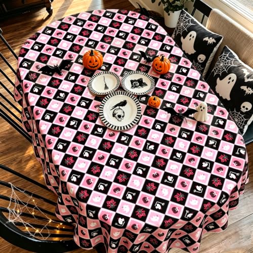 Cute Checkered Halloween Tablecloth 72x54 Inch Oval - Pink & Black Pumpkin Ghost Skull Decor