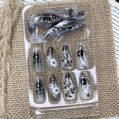 BABALAL Medium Almond Press-On Nails - Black Gothic Ghost Decvil Punk 24Pcs with Nail Glue - Variation BFNZ002