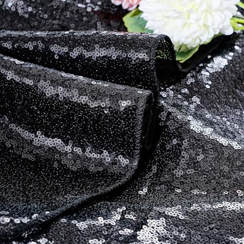 QueenDream Black Sequin Round Tablecloth 50 Inch for Party & Wedding Decor