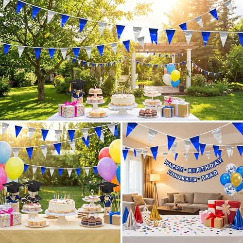 Navy Blue Silver Glitter Triangle Pennant Banner - 130ft Party Flags for Weddings Graduation Christmas