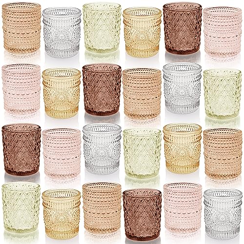 Multicolor 12 pcs Glass Votive Candle Holders Set with 6 Fall Colors & 3 Patterns