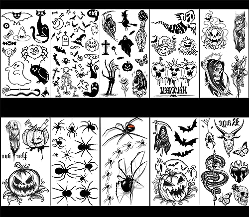 Halloween Temporary Tattoos Set for Kids and Adults - 10 Sheets with Skull Ghost Spider Designs