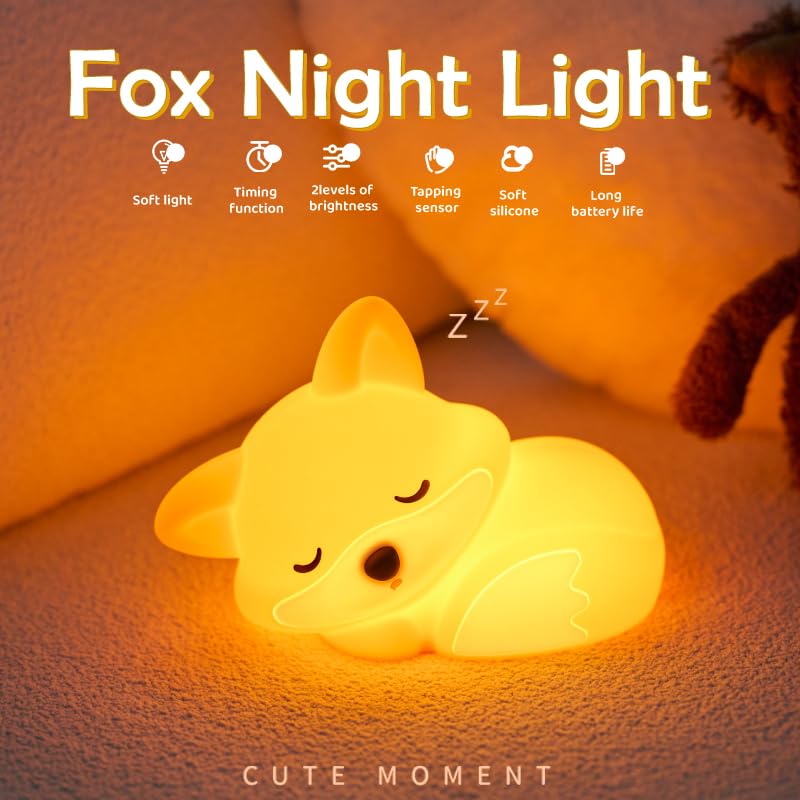Orange Silicone Fox Night Light for Kids - Rechargeable Nursery Lamp with Timer