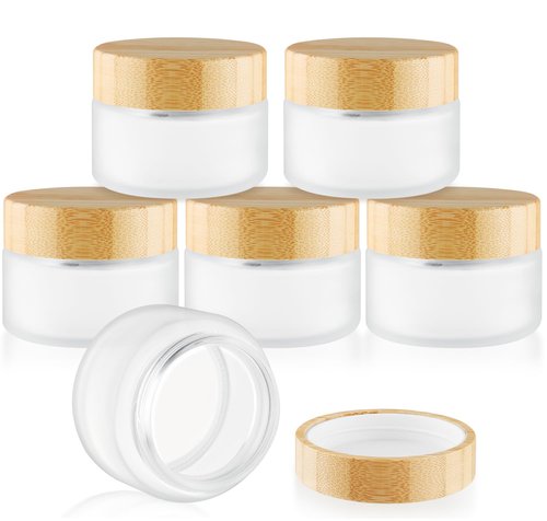 DMuuuDM Glass Bamboo Jars with Lid,Empty Round Frosted Glass Jar Holder with Inner liner,Small Travel Cosmetic Jars for Moisturizer,Foundation,Lotion,Cream,body butter,Candle Making-6 Pcs (100ml)