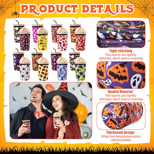 Halloween Reusable Cup Sleeves for 22-24oz Drinks - 16 Pack with Pumpkin, Spider, Ghost Designs