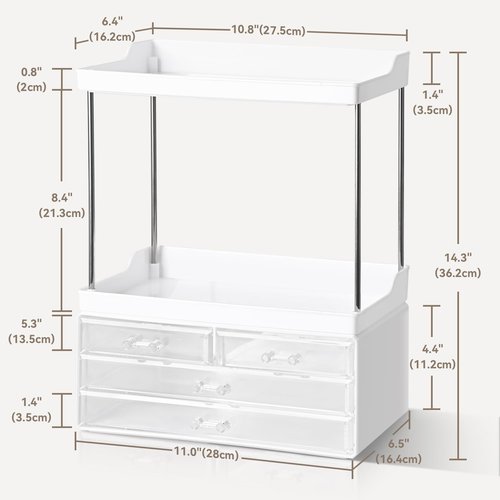 Bathroom Organizers and Storage, 5-Tier 4-Drawer Makeup Organizer Countertop, Multi-Purpose Large Makeup Vanity Organizer, Hair Product, Perfume & Skincare Storage, White