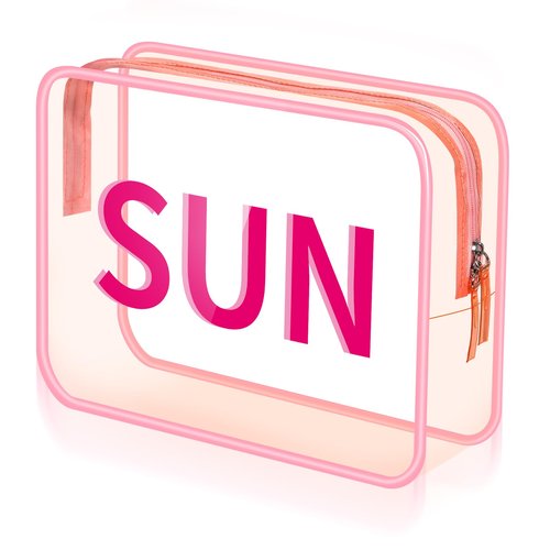 Shinylin Sun Clear Beach Makeup Bag 9.5" x 7" x 3.5" Large Cosmetic Pouch Pink Travel Toiletry Bag PVC Waterproof Transparent Zippered Organizer for Women Girl Summer